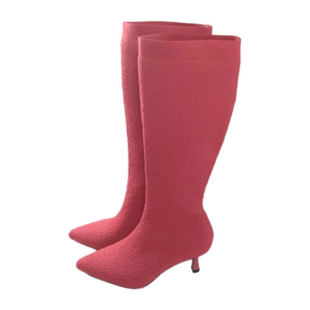 VIVAIA Abby Boots Size 7 Pointed-Toe Knee-High Heel Stretch Knit Red MSRP $269